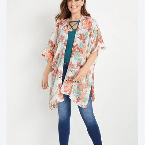 Maurices White & Orange Tropical Floral Print Open Kimono One Size Women’s